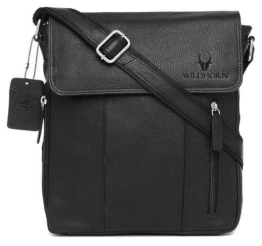 WildHorn genuine leather sling bag men black angle view adjustable strap — bags.mu Mauritius