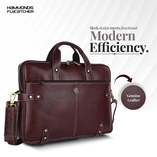 Hammonds Flycatcher genuine leather laptop briefcase brown — genuine leather callout showing rich full grain texture and modern design — bags.mu Mauritius