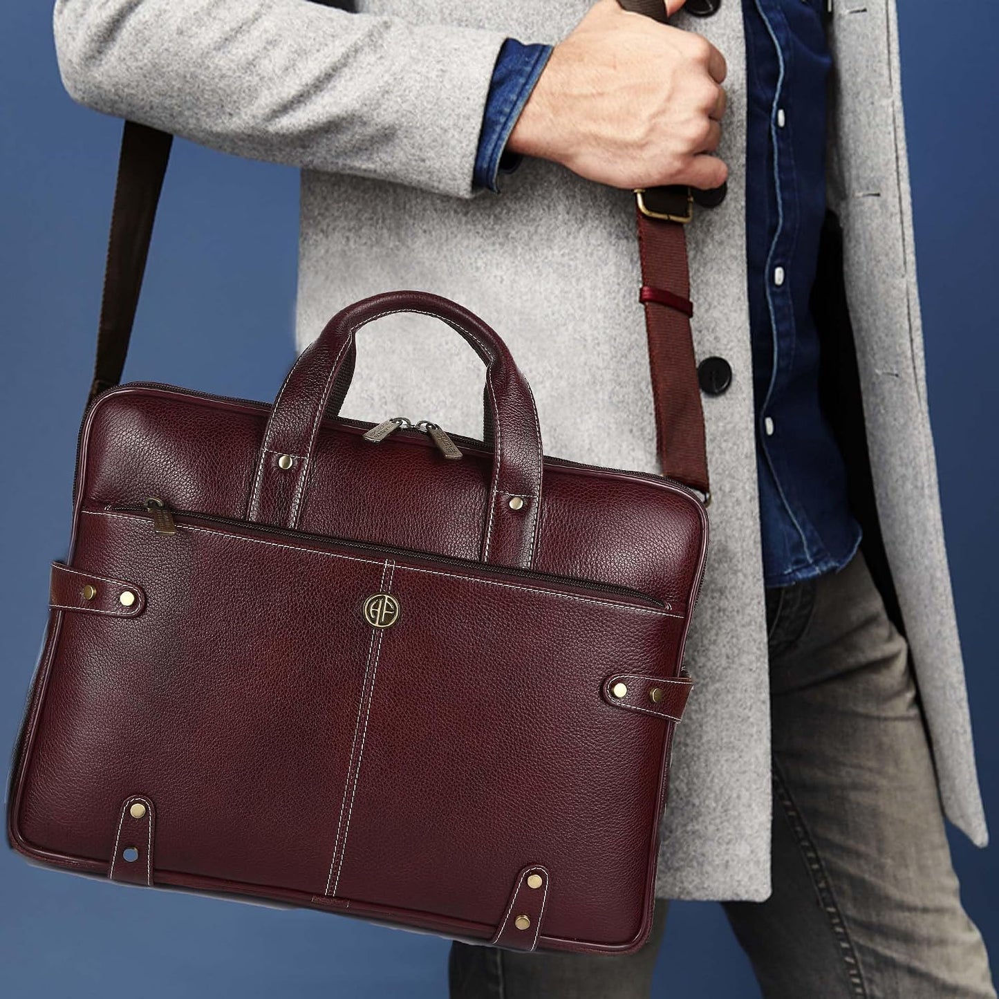 Hammonds Flycatcher genuine leather laptop briefcase worn by male model on shoulder — brown — bags.mu Mauritius