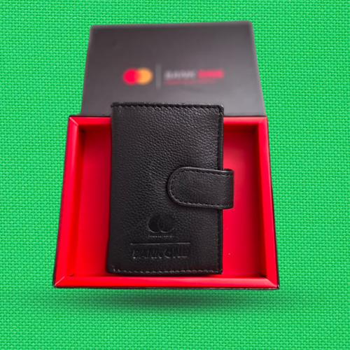 Custom embossed genuine leather card holder in branded gift box — corporate gifting by Bags Mauritius