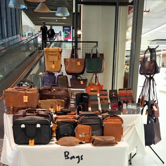 genuine leather bags pop-up store display Coeur de Ville Tamarin Mauritius bags.mu