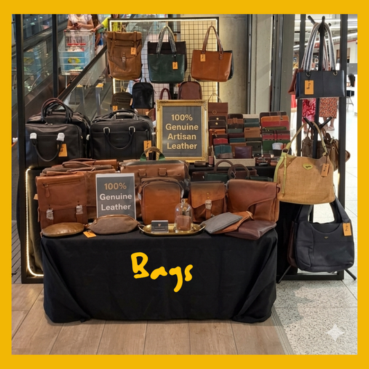 100% genuine leather bags displayed at Bags Mauritius pop-up store at Super U Tamarin Mauritius — handbags, backpacks and office bags available