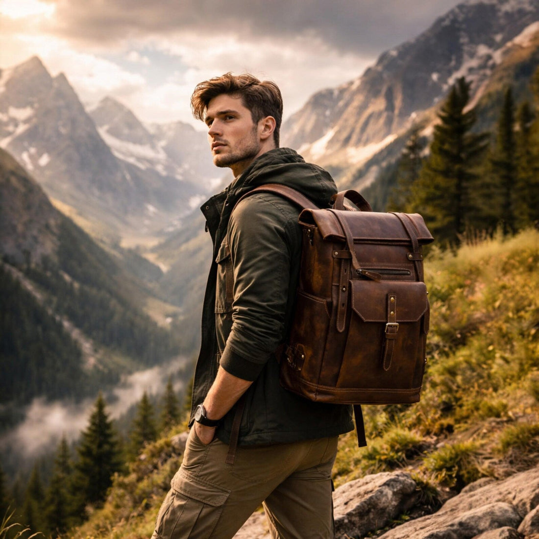 bags.mu exclusive roll-top genuine leather backpack in cognac tan — front view with antique brass hardware — bags.mu Mauritius