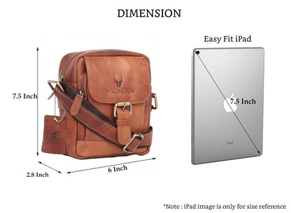 WildHorn genuine leather mini sling bag men tan vintage top zip open capacity view — bags.mu Mauritius