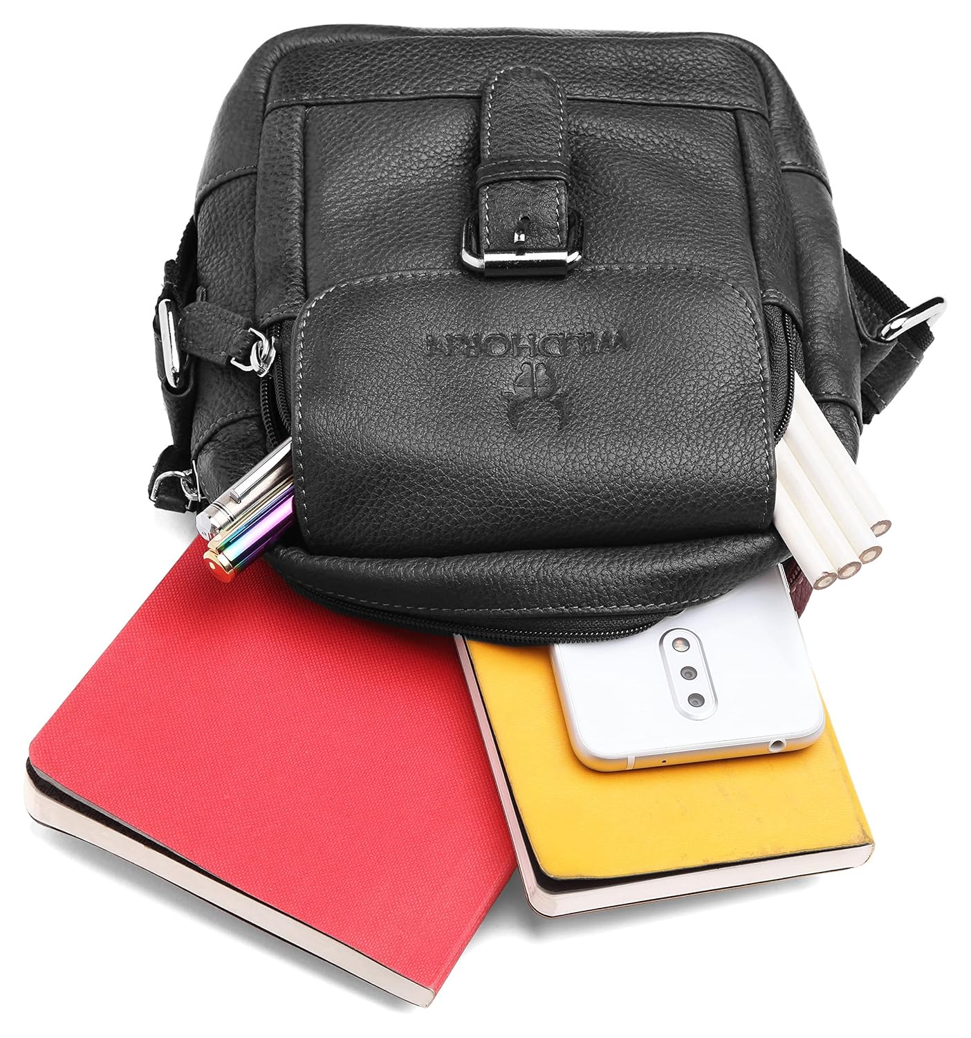 WildHorn genuine leather mini sling bag men black interior compartments open view — bags.mu Mauritius