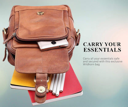 WildHorn genuine leather mini sling bag men tan vintage interior compartments detail — bags.mu Mauritius