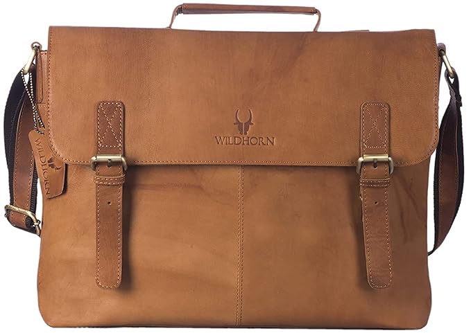 WildHorn tan brown full grain leather laptop messenger bag for men with brass buckles and adjustable shoulder strap — Shop at bags.mu Mauritius