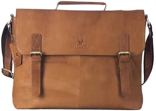 WildHorn tan brown full grain leather laptop messenger bag for men with brass buckles and adjustable shoulder strap — Shop at bags.mu Mauritius