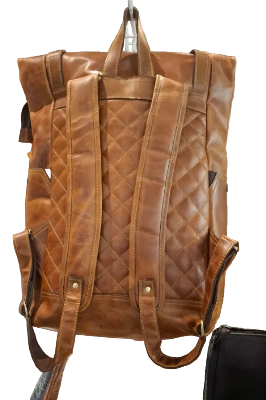 bags.mu exclusive leather roll-top backpack back view showing diamond quilted leather panel and padded shoulder straps — bags.mu Mauritius