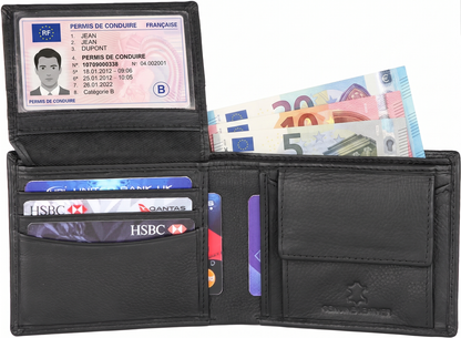 Dual currency compartments for cash notes in black leather bifold wallet
