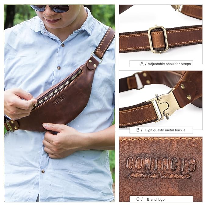 Contacts Leather Fanny Pack worn as Waist Bag – Adjustable Belt Style