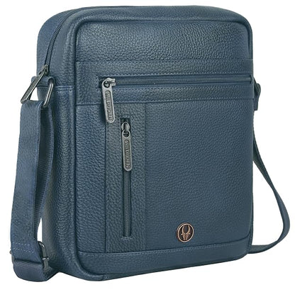 WildHorn genuine leather crossbody messenger bag men blue front view — bags.mu Mauritius
