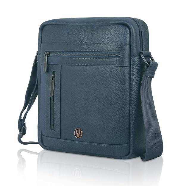 WildHorn genuine leather crossbody messenger bag men blue interior compartments — bags.mu Mauritius