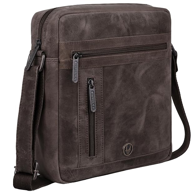 WildHorn genuine leather crossbody messenger bag men brown hunter front view — bags.mu Mauritius