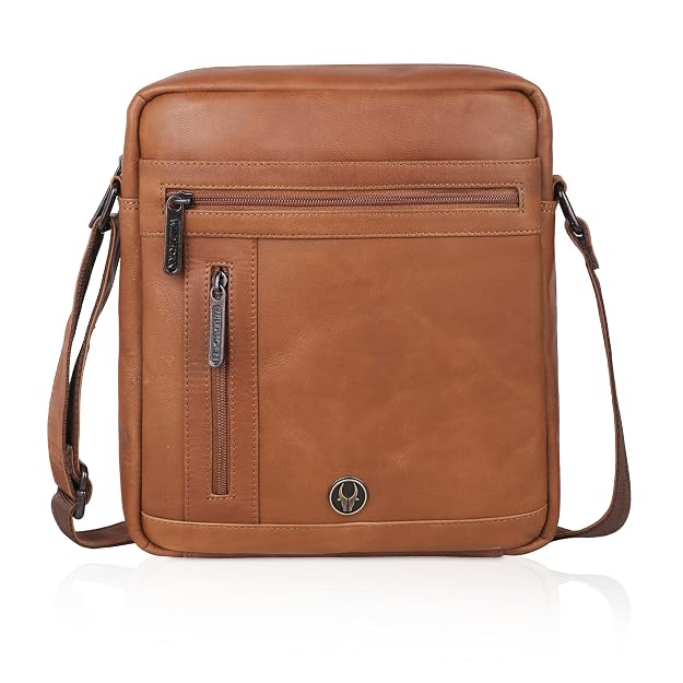WildHorn genuine leather crossbody messenger bag men tan vintage angle view — bags.mu Mauritius