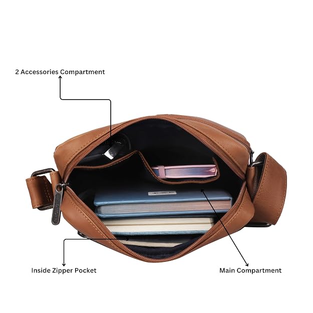 WildHorn genuine leather crossbody messenger bag men tan vintage interior zipper pocket accessories compartment main section — bags.mu Mauritius