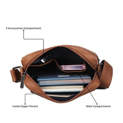 WildHorn genuine leather crossbody messenger bag men tan vintage interior zipper pocket accessories compartment main section — bags.mu Mauritius