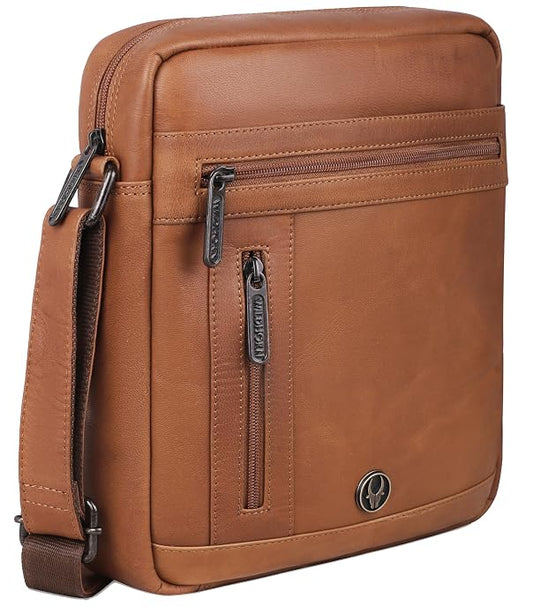 WildHorn genuine leather crossbody messenger bag men tan vintage front gunmetal zippers — bags.mu Mauritius