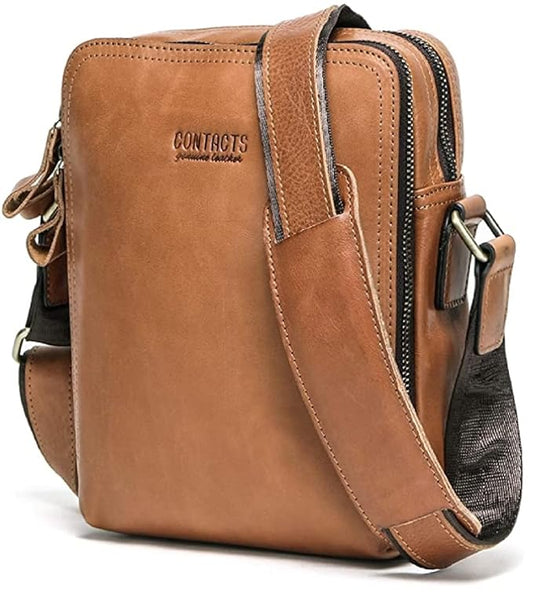 Genuine leather crossbody messenger bag tan front view antique brass hardware — bags.mu Mauritius