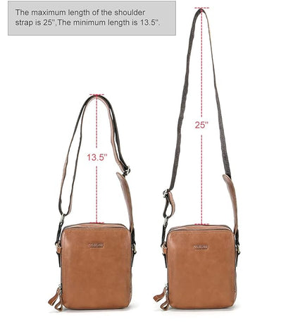 Genuine leather tan crossbody messenger bag front back side and angle views — bags.mu Mauritius