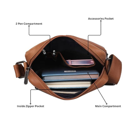 A brown leather crossbody bag shown open on a white background with labeled callouts pointing to interior compartments: 2 Pen Compartment, Accessories Pocket, Inside Zipper Pocket, Main Compartment, and the strap attachment.