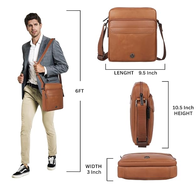 A man wearing a brown leather crossbody bag, shown alongside front, side, and bottom views of the bag with labeled dimensions (length 9.5 inch, height 10.