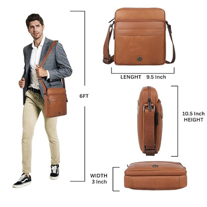 A man wearing a brown leather crossbody bag, shown alongside front, side, and bottom views of the bag with labeled dimensions (length 9.5 inch, height 10.