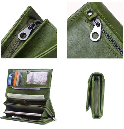 An olive green faux leather bi-fold wallet shown in multiple views: a close-up of the zipper pull, an open view showing card slots and cash compartments, and a side profile view on a white background shop on Bags.mu