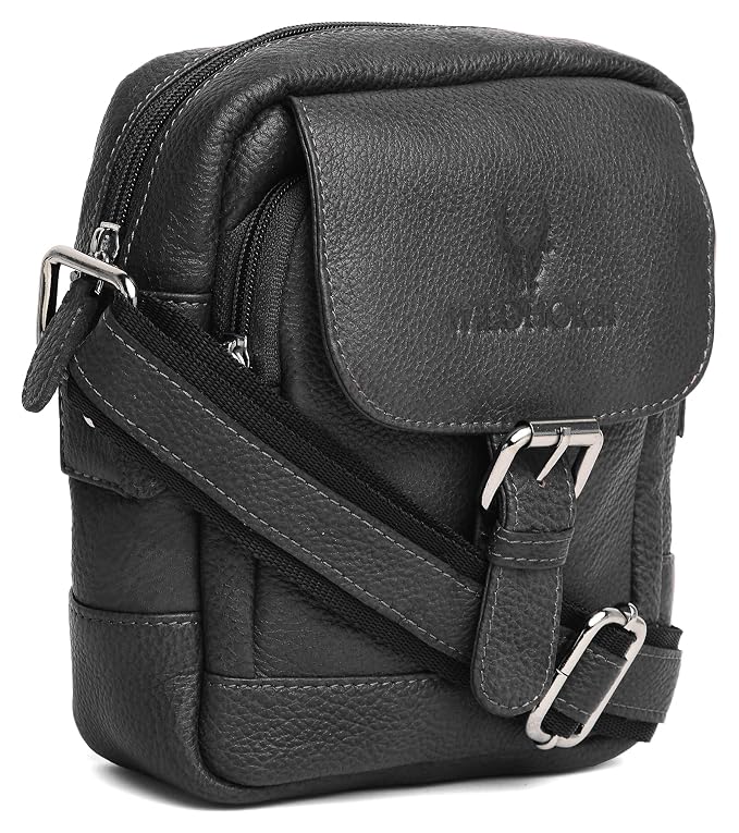 WildHorn genuine leather mini sling bag men black front view antique brass buckle — bags.mu Mauritius