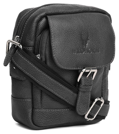 WildHorn genuine leather mini sling bag men black front view antique brass buckle — bags.mu Mauritius