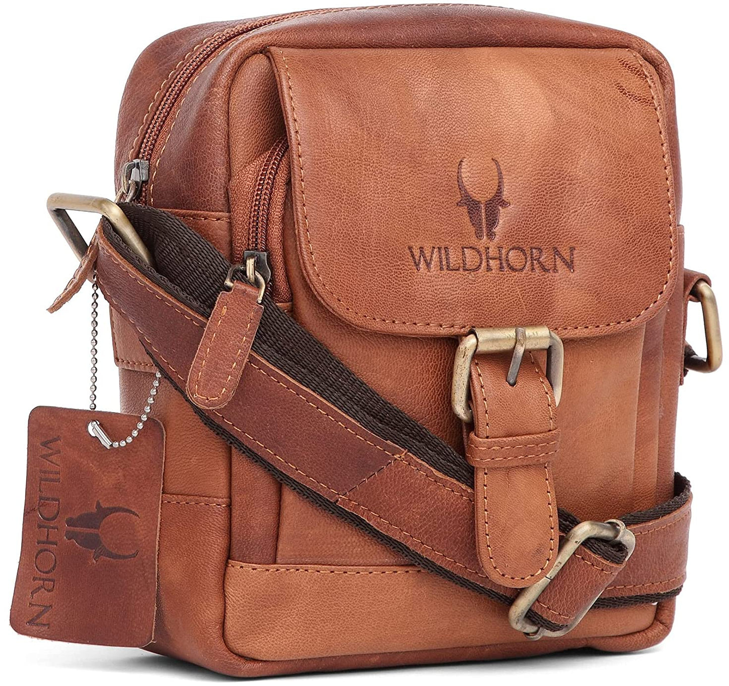 WildHorn genuine leather mini sling bag men tan vintage front view antique brass buckle — bags.mu Mauritius