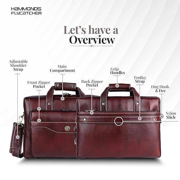 Genuine leather office bag for men — feature overview showing main compartment, front and back zipper pockets, grip handles, shoulder strap, dog hook and trolley strap — bags.mu Mauritius