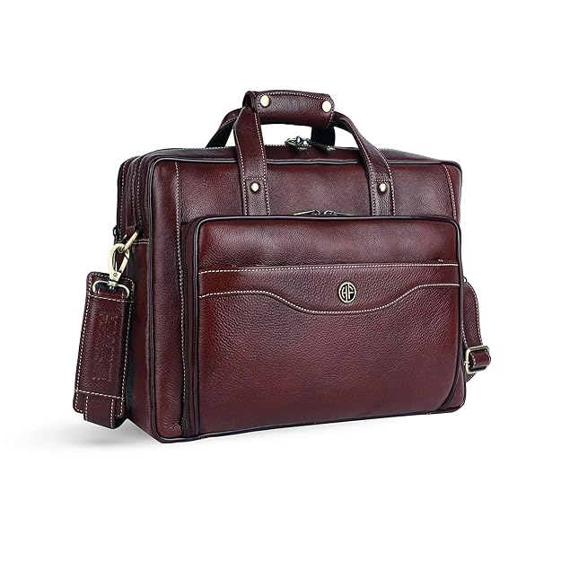 Genuine leather office bag for men with trolley strap — hero angle shot showing full grain leather texture and brass hardware — bags.mu Mauritius