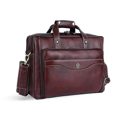 Genuine leather office bag for men with trolley strap — hero angle shot showing full grain leather texture and brass hardware — bags.mu Mauritius