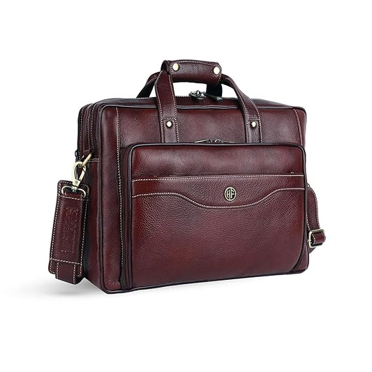 Genuine leather office bag for men with trolley strap — hero angle shot showing full grain leather texture and brass hardware — bags.mu Mauritius