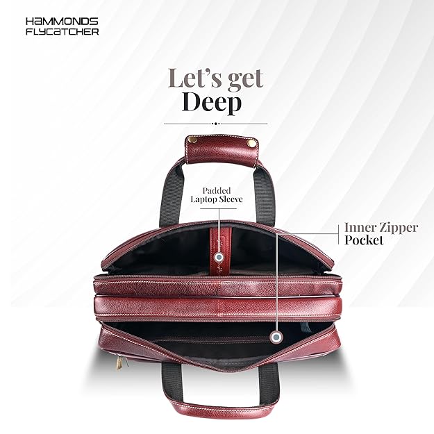 Genuine leather office bag interior — padded laptop sleeve and inner zipper pocket — bags.mu Mauritius