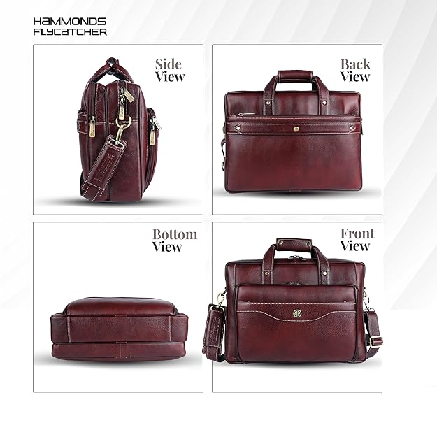 Genuine leather office bag for men with trolley strap — side, back, bottom and front view in dark burgundy — bags.mu Mauritius