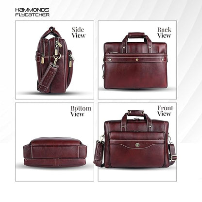 Genuine leather office bag for men with trolley strap — side, back, bottom and front view in dark burgundy — bags.mu Mauritius