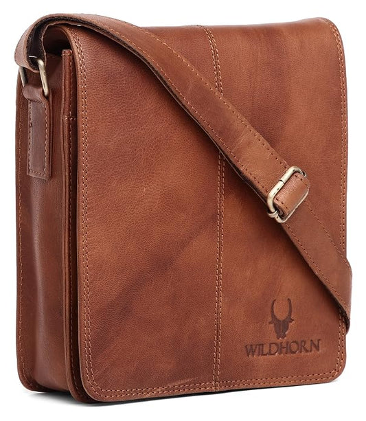 genuine leather sling bag men brown tan front view Mauritius bags.mu