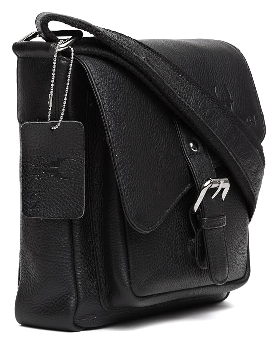 Black leather shoulder bag with a tag on a white background