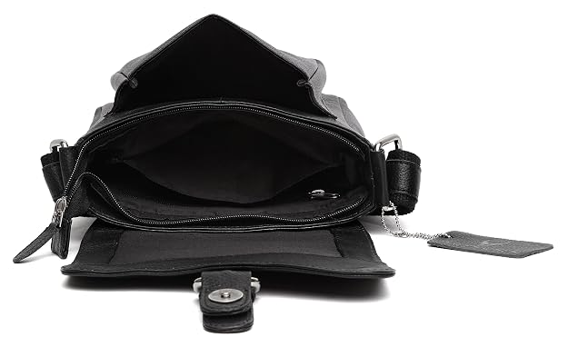 Black leather crossbody bag shown open to display the interior compartments, zipper, and a hanging brand tag on a white background.