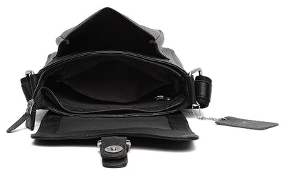 Black leather crossbody bag shown open to display the interior compartments, zipper, and a hanging brand tag on a white background.