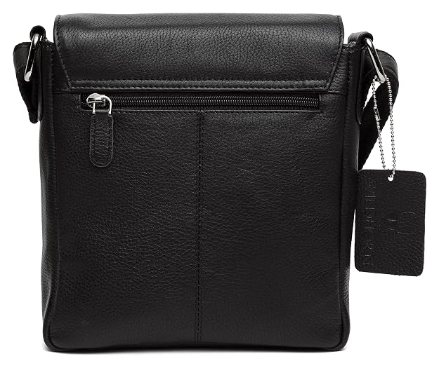 Black pebbled leather crossbody bag with a front zip pocket, silver-tone hardware, and a hanging branded tag on a white background.