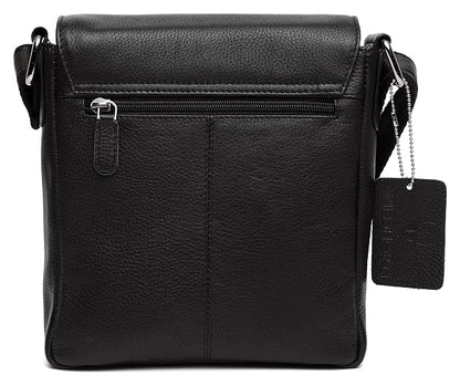 Black pebbled leather crossbody bag with a front zip pocket, silver-tone hardware, and a hanging branded tag on a white background.