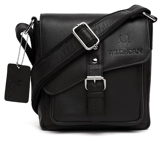 Black sling leather shoulder bag with wildhorn Mauritius on a white background