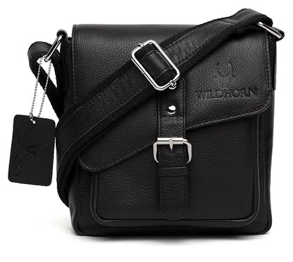 Black sling leather shoulder bag with wildhorn Mauritius on a white background