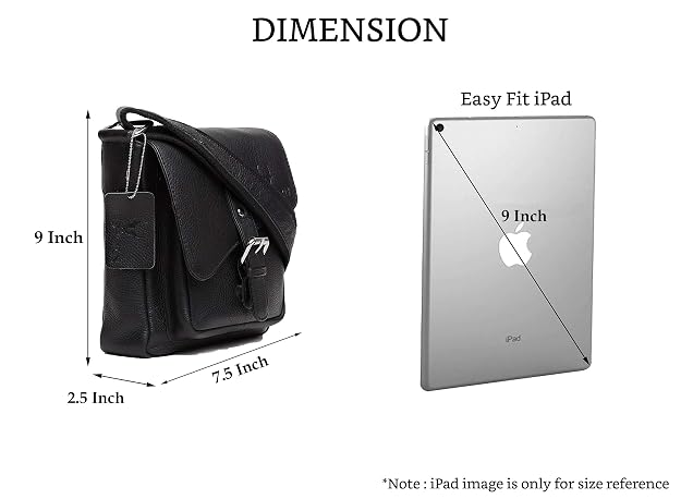 A black leather crossbody bag shown with dimension labels indicating 9 inch height, 7.5 inch width, and 2.5 inch
