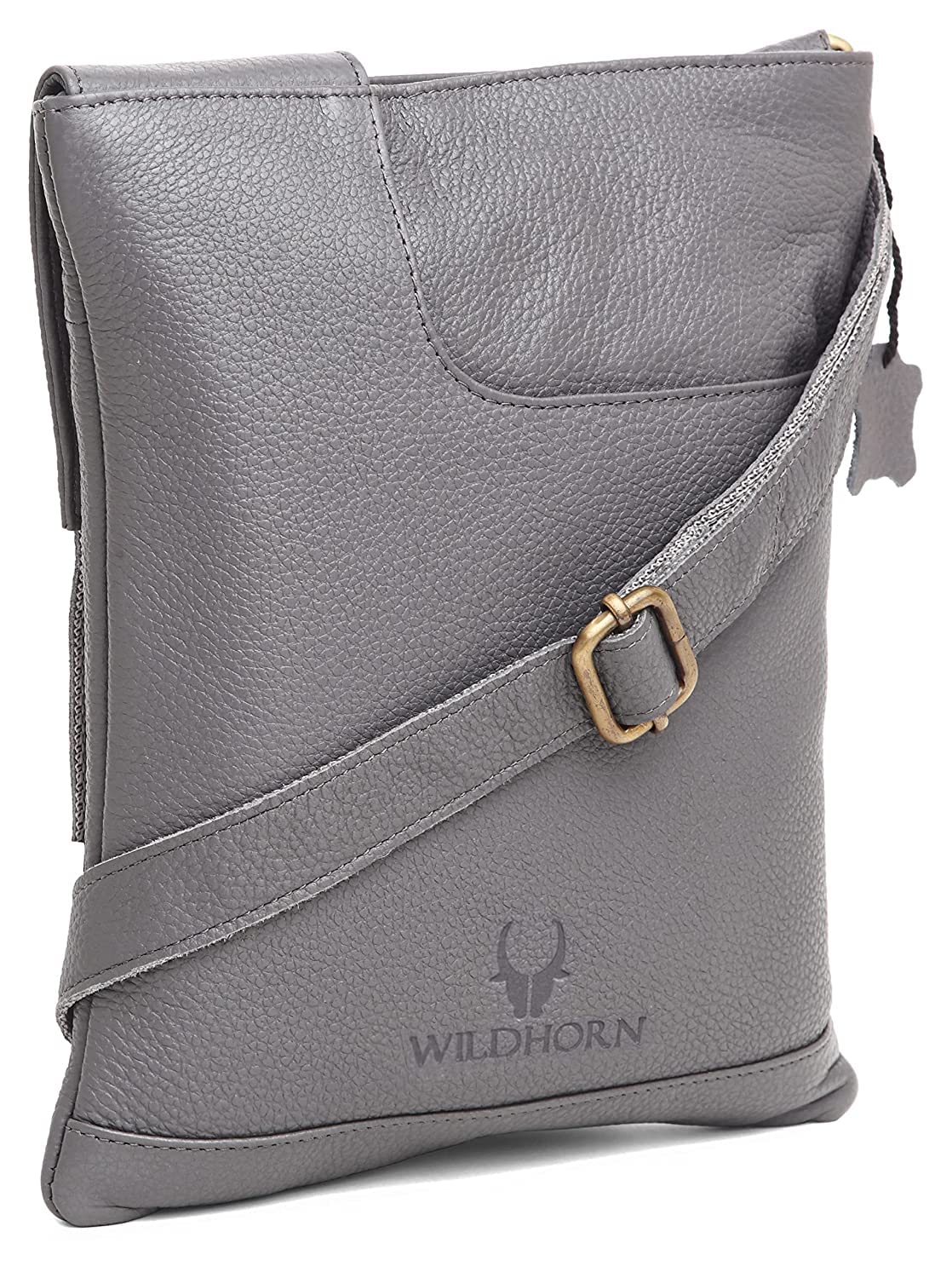 Genuine leather sling crossbody bag men grey side angle adjustable brass strap — bags.mu Mauritius