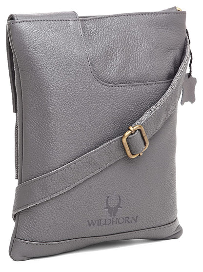 Genuine leather sling crossbody bag men grey side angle adjustable brass strap — bags.mu Mauritius