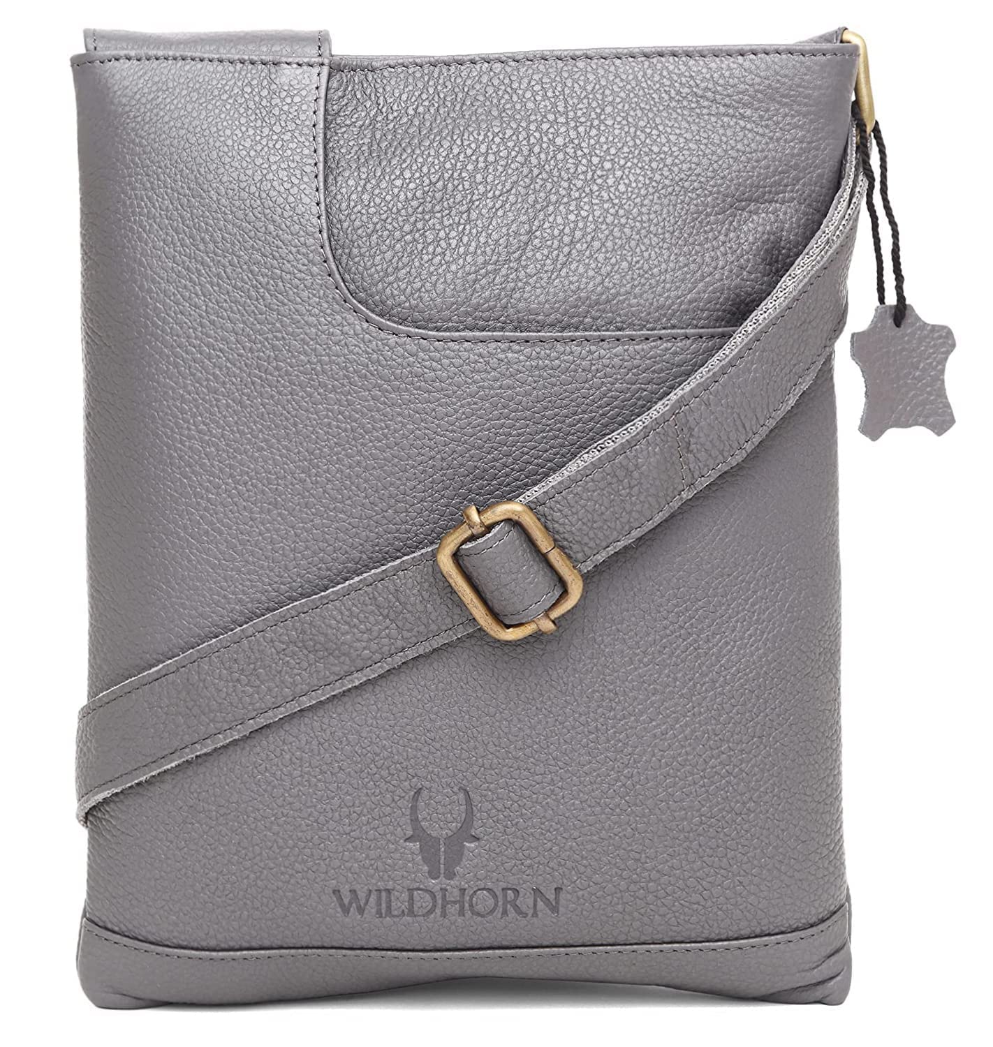 Genuine leather sling crossbody bag men grey front view antique brass buckle — bags.mu Mauritius